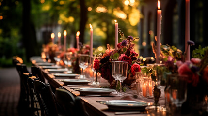 Wedding outdoor dinner table elegant setting with flowers rustic fete party outside select long banquet dining tablescape - obrazy, fototapety, plakaty