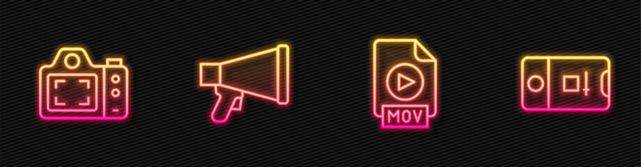 Set line MOV file document, Photo camera, Megaphone and and video shooting. Glowing neon icon. Vector