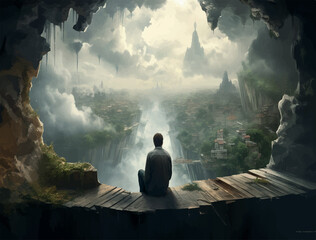 Illustration of depressed man hiding inside his fantasy world