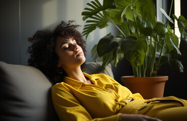 portrait of a woman in a moment of relaxation - obrazy, fototapety, plakaty