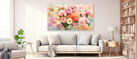 In the background an abstract floral art piece captures the beauty of summer with vibrant colors blooming flowers and lush green leaves creating a happy and serene atmosphere perfect for a 