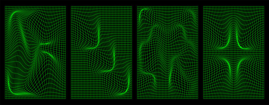 Set of posters distorted neon grid. Retrouve, synthwave, rave, vaporwave. Modern vector illustration in 90s, 2000s retoro style.