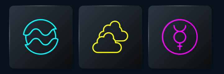 Set line Planet, Symbol Mercury and Cloudy weather. Black square button. Vector