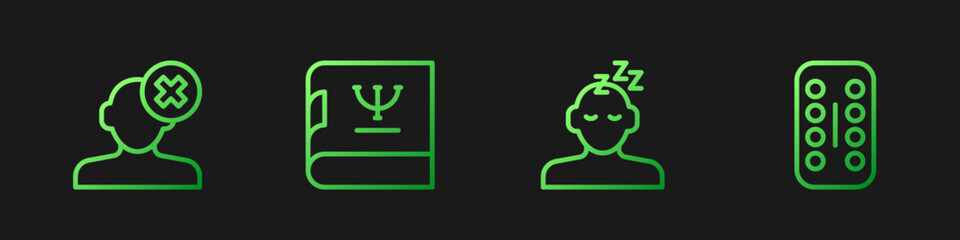 Set line Dreams, Solution problem in psychology, Psychology book and Sedative pills. Gradient color icons. Vector