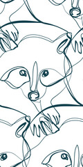 raccoon nature wildlife artistic seamless ink vector one line pattern hand drawn
