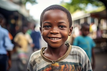 young African boy smiling cheerful walking on local market street, Generative Ai