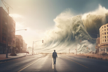 Obraz premium person standing in the middle of the street near big storm wave, AI generated