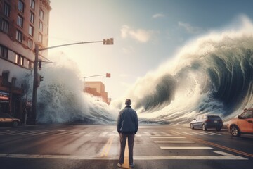 Obraz premium person standing in the middle of the street near big storm wave, AI generated