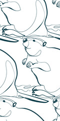 beaver nature wildlife artistic seamless ink vector one line pattern hand drawn