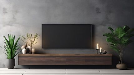 Dark large empty wall living room with blank television TV frame furniture deco. Banner template for product presentation