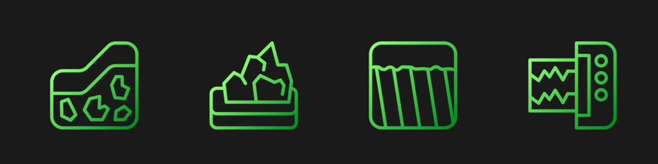 Set line Ground, Ore mining and Seismograph. Gradient color icons. Vector