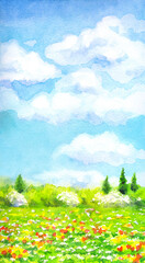 Watercolor landscape of series of "Steppe in different seasons." Spring