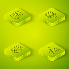 Set Isometric line Headphones with question, Hello in different languages, Employee hierarchy and Question and Answer icon. Vector