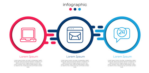 Set line Laptop, Mail and e-mail and Telephone 24 hours support. Business infographic template. Vector