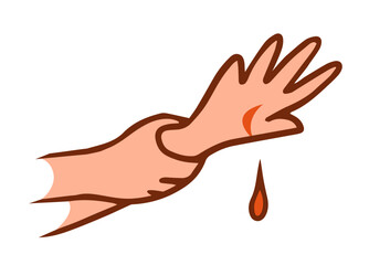 Domestic injury. Blood dripping from a wound. Cartoon vector illustration isolated on white background. Hand drawn sketch line