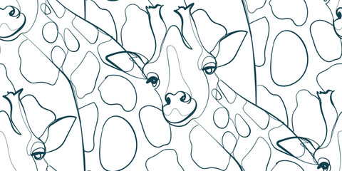 giraffe nature wildlife artistic seamless ink vector one line pattern hand drawn - obrazy, fototapety, plakaty
