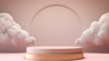 Abstract minimal concept. Soft clouds pastel pink background with gold frame ring light podium stage platform display. Mock up template for product presentation