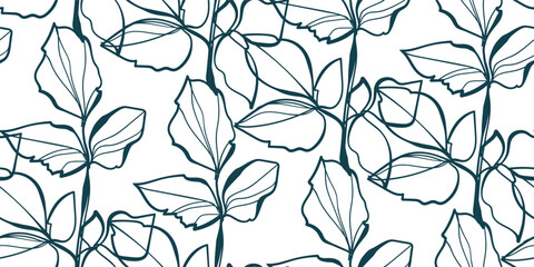 leaves plant nature artistic seamless ink vector one line pattern hand drawn - 676031378