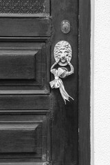 Wooden door and vintage lion face shaped knocker