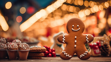 Gingerbread cookies on a wooden table against the background of the lights of the Christmas market