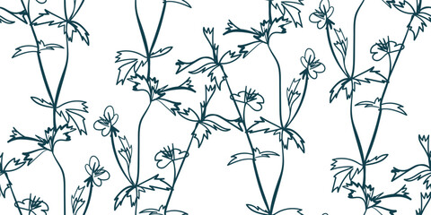 meadow flower plant nature artistic seamless ink vector one line pattern hand drawn