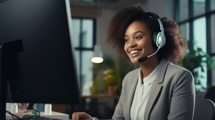 Telemarketer, sales agent on the phone wears a wireless headset, talks, consults an online customer on a computer, woman hotline operator works in a customer support office - obrazy, fototapety, plakaty