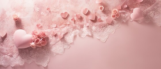 A delicate spread of lace doilies and Valentine's confetti. 
Happy Valentine's Day. Wedding card, bridal invitation.  - obrazy, fototapety, plakaty