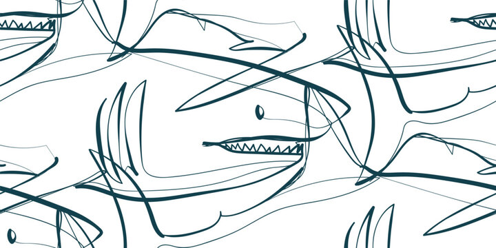 shark nature wildlife artistic seamless ink vector one line pattern hand drawn