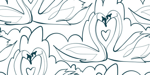 swan bird nature wildlife artistic seamless ink vector one line pattern hand drawn - obrazy, fototapety, plakaty