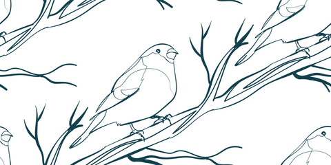 tit on branch bird nature wildlife artistic seamless ink vector one line pattern hand drawn