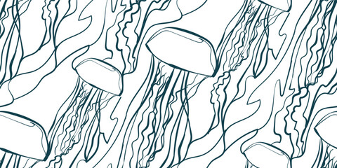 jellyfish nature wildlife artistic seamless ink vector one line pattern hand drawn © CharlieNati