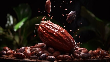 A cascade of velvety Venezuelan chocolate pouring over a perfectly ripe cacao pod, captured in stunning detail.