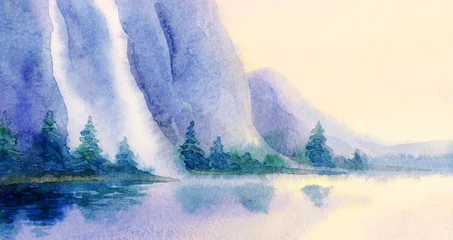 Foto op Plexiglas Watercolor landscape. Waterfall from the rocks to the lake © Marina