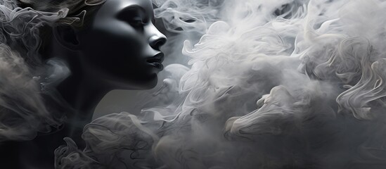 Fresh air flow with woman face, cold white wind effect, blowing mist, smoke or winter blizzard trail - obrazy, fototapety, plakaty