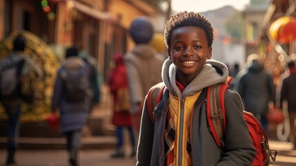 closeup portrait of young African American boy going to school at morning, Generative Ai