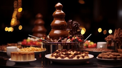 A chocolate fountain at a dessert buffet, with various treats for dipping in