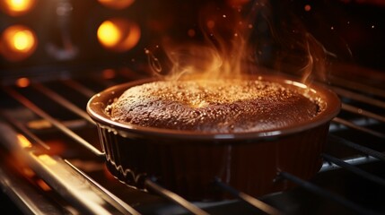 A chocolate souffl?(C) rising in the oven, with a golden brown top in