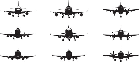 Black airplane icon collection. Set of black plane silhouette icon - obrazy, fototapety, plakaty