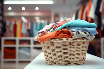 Wicker laundry basket with clothes on white table in dressing room. Walk in closet with bright light. - Powered by Adobe