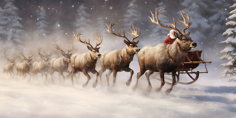 Reindeers and Santa Claus, santa claus with reindeer, Christmas background concept, Santa Claus riding his sleigh with reindeer, generative AI


 - obrazy, fototapety, plakaty