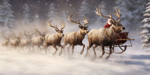 Fotobehang Reindeers and Santa Claus, santa claus with reindeer, Christmas background concept, Santa Claus riding his sleigh with reindeer, generative AI    © Asad