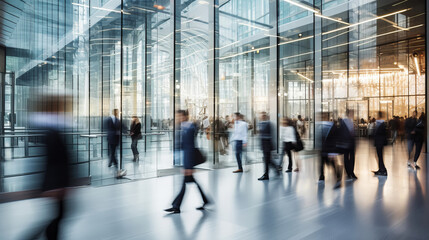 Blurred Silhouettes of Business People in lobby of modern business center. Abstract light motion blur effects, banner format