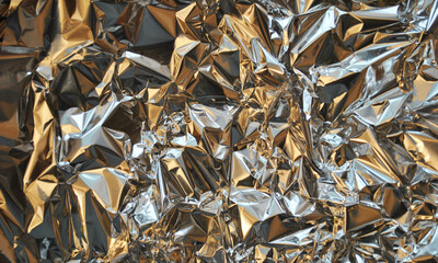Silver foil background with light reflections. Silver textured wall.