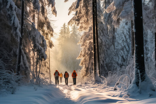 Faceless Group Of Friends Walking Hike Through Snowy Winter Forest. Rear View Of Tourists Walking On Trail