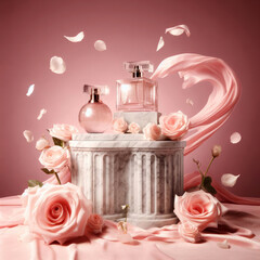 Perfume bottles are arranged on a marble pedestal decorated with roses and a pink fabric backdrop.