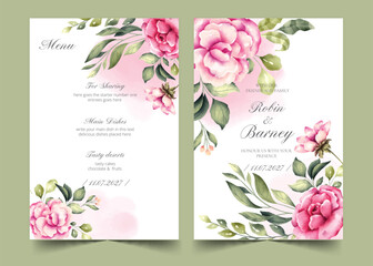 wedding invitation menu template with watercolor flowers design vector illustration