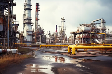 Fototapeta premium Pipeline, storage tanks and pipe rack of petroleum, chemical, hydrogen or ammonia industrial plant. Industrial zone