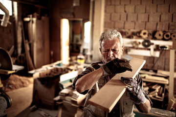 Naklejka premium Senior carpenter selecting wood piece for project in workshop