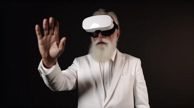 An elderly man in a suit and virtual reality goggles. AI Generated