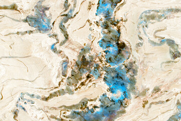 Cream marble texture with bright blue cracks and veins, natural stone pattern
